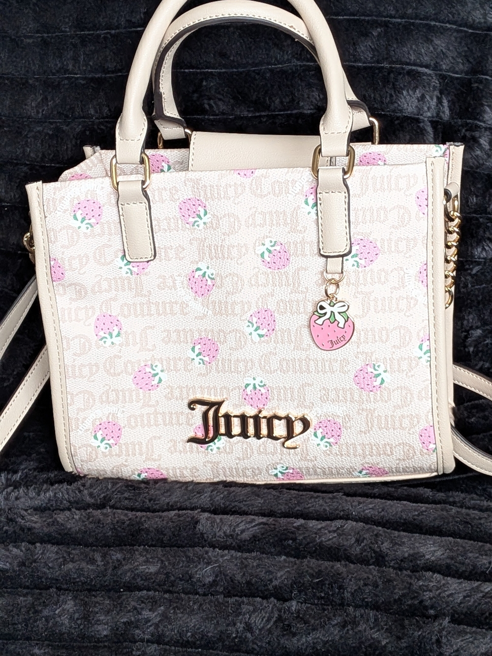 Juicy Couture Cream & Pink Strawberry Satchel with Gold Logo Charm